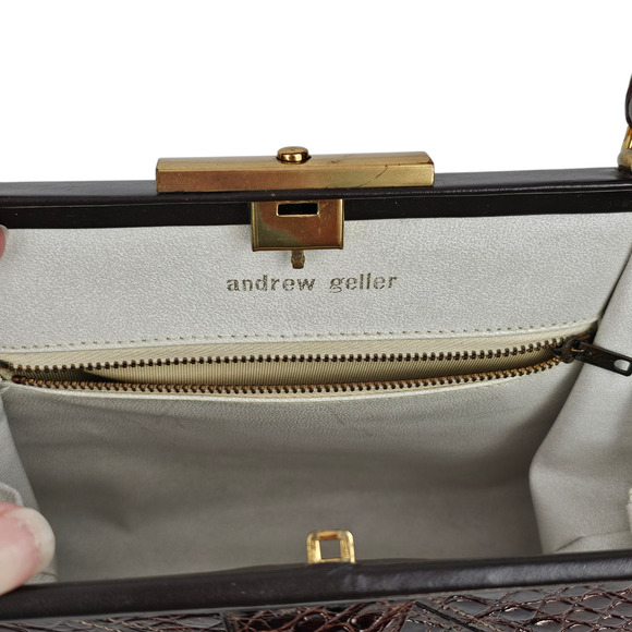 VTG 1970s Andrew Geller brown reptile patterned leather handbag VGUC - Picture 3 of 14